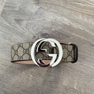 Gucci Beige and Brown Monogram Belt with Silver Logo Buckle